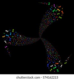 Musical Note fireworks swirl rotation. Vector illustration style is flat bright multicolored iconic symbols on a black background. Object twirl created from random pictographs.