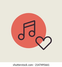 Musical note flat icon and favorite, like, love, care symbol. Like music icon. Musical note icon, music icon with heart sign.