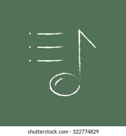 Musical note hand drawn in chalk on a blackboard vector white icon isolated on a green background.