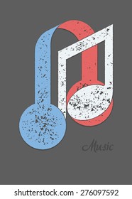 Musical note and headphones metaphorical composition with sample text. Grunge texture flat colors