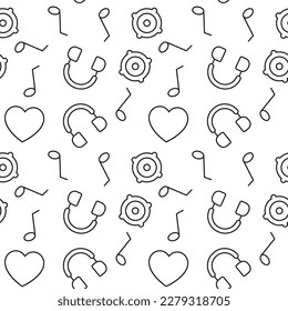 Musical note, Heart, Headphones, Loudspeaker Seamless Vector Pattern 