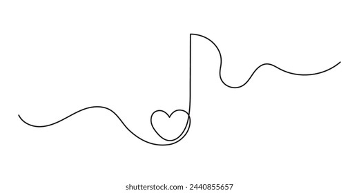 Musical note heart one line art,hand drawn continuous contour outline.Love music composition concept,minimalist romantic design,song for Valentines day February 14.Editable stroke.Isolated.Vector