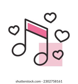 Musical note with heart sign isolated icon. Vector illustration, romance elements. Sticker, patch, badge, card for marriage, valentine