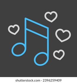 Musikalische Note mit Herzzeichen einzeln auf dunklem Hintergrund Symbol. Vektorgrafik, romanische Elemente. Aufkleber, Pflaster, Abzeichen, Ehekarte, Valentin