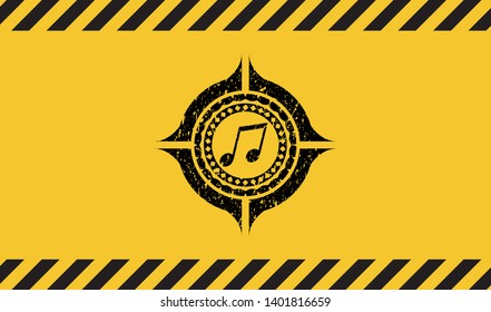 musical note icon black grunge emblem inside yellow warning sign. Vector Illustration. Detailed.