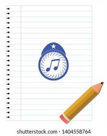 musical note icon blue ink pen emblem. Vector Illustration. Detailed.