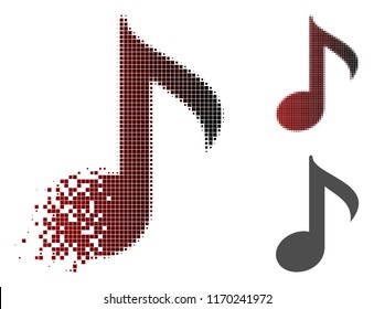 Musical note icon in dispersed, pixelated halftone and undamaged solid variants. Particles are arranged into vector disappearing musical note shape.