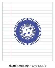 musical note icon draw (pen strokes). Blue ink. Vector Illustration. Detailed.