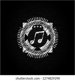 musical note icon drawn chalk emblem, retro style, chalk or chalkboard texture