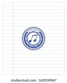 musical note icon drawn with pen strokes. Blue ink. Vector Illustration. Detailed.