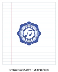 musical note icon emblem drawn with pen. Blue ink. Vector Illustration. Detailed.
