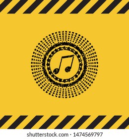 musical note icon grunge black emblem with yellow background, warning sign. Vector Illustration. Detailed.