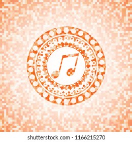 musical note icon inside abstract emblem, orange mosaic background