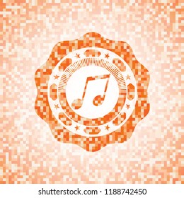 musical note icon inside abstract orange mosaic emblem with background