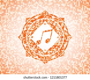 musical note icon inside abstract orange mosaic emblem with background
