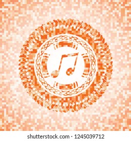 musical note icon inside abstract orange mosaic emblem