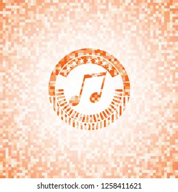 musical note icon inside abstract emblem, orange mosaic background