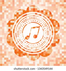 musical note icon inside abstract emblem, orange mosaic background