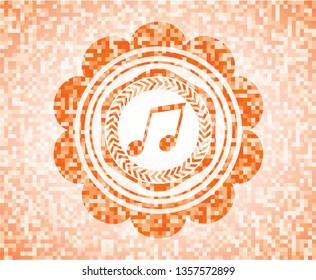 musical note icon inside abstract orange mosaic emblem