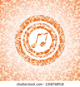 musical note icon inside abstract orange mosaic emblem with background