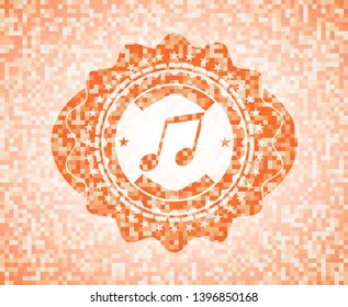 musical note icon inside abstract emblem, orange mosaic background