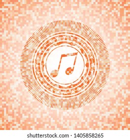 musical note icon inside abstract emblem, orange mosaic background