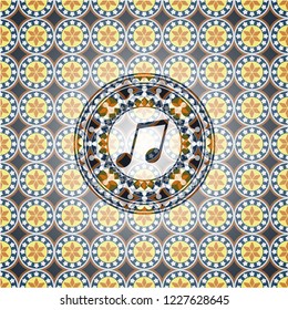 musical note icon inside arabesque emblem background. arabic decoration.