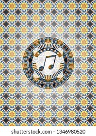 musical note icon inside arabesque badge background. arabic decoration.