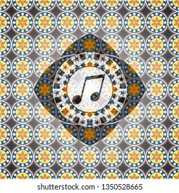 musical note icon inside arabesque emblem background. arabic decoration.