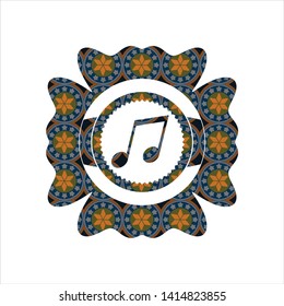 musical note icon inside arabesque style badge. arabic decoration.