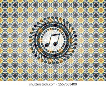 musical note icon inside arabesque badge. arabic decoration.