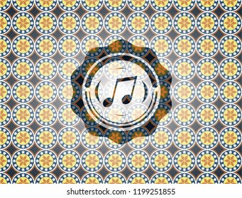 musical note icon inside arabic style badge. Arabesque decoration.