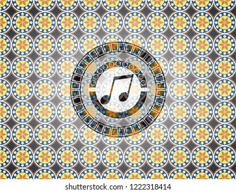 musical note icon inside arabic badge. Arabesque decoration.