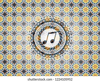 musical note icon inside arabic style emblem. Arabesque decoration.