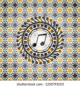 musical note icon inside arabic badge. Arabesque decoration.