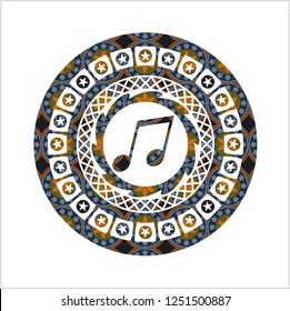 musical note icon inside arabic badge. Arabesque decoration.