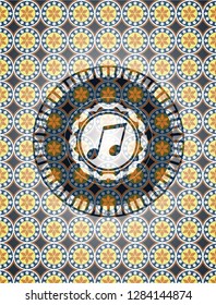 musical note icon inside arabic style badge. Arabesque decoration.