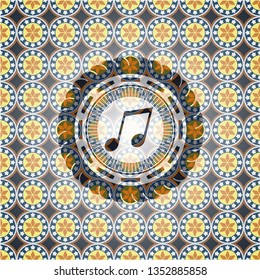 musical note icon inside arabic emblem background. Arabesque decoration.