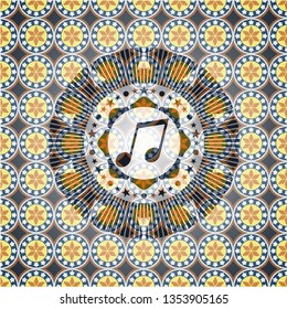 musical note icon inside arabic style emblem. Arabesque decoration.