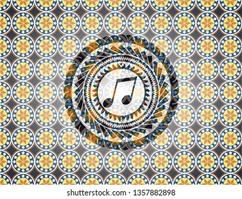 musical note icon inside arabic style emblem. Arabesque decoration.