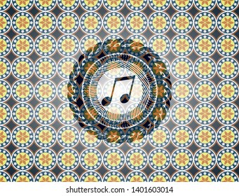 musical note icon inside arabic emblem. Arabesque decoration.