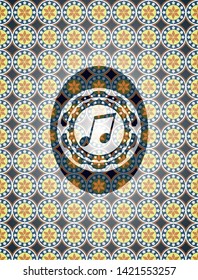 musical note icon inside arabic style emblem. Arabesque decoration.