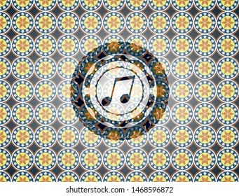 musical note icon inside arabic badge background. Arabesque decoration.