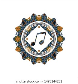 musical note icon inside arabic emblem. Arabesque decoration.