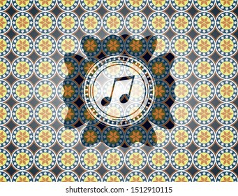 musical note icon inside arabic style emblem. Arabesque decoration.