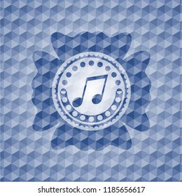 musical note icon inside blue hexagon emblem.