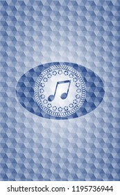 musical note icon inside blue badge with geometric pattern.
