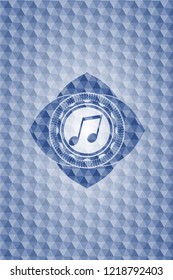 musical note icon inside blue badge with geometric pattern background.