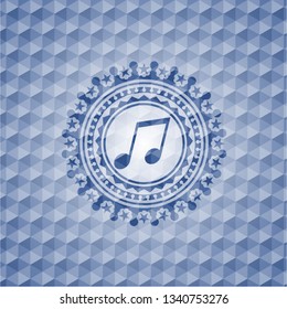 musical note icon inside blue polygonal badge.