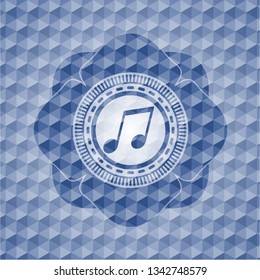 musical note icon inside blue hexagon emblem.